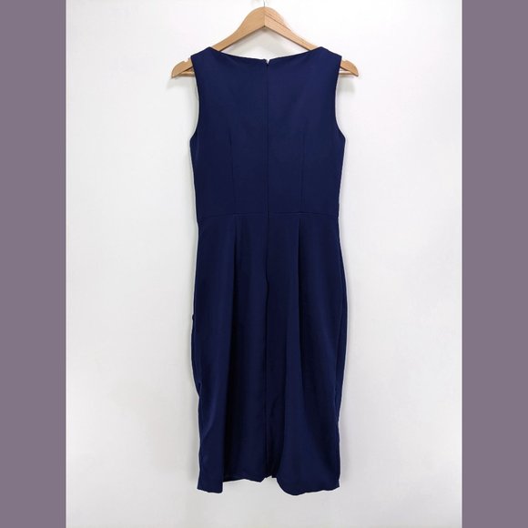 JS Collections Size 6 Boat Neck Sleeveless Faux Wrap Midi Sheath Dress in Navy - Picture 4 of 7